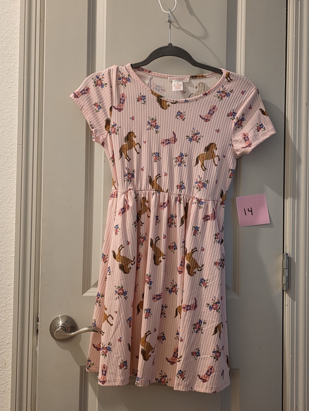 Girls' Pink Horse Print Short Sleeve Dress